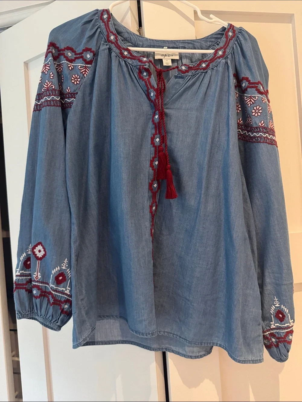 Style & Co. Blue Embroidered Peasant Blouse with Red Trim - Picture 1 of 6